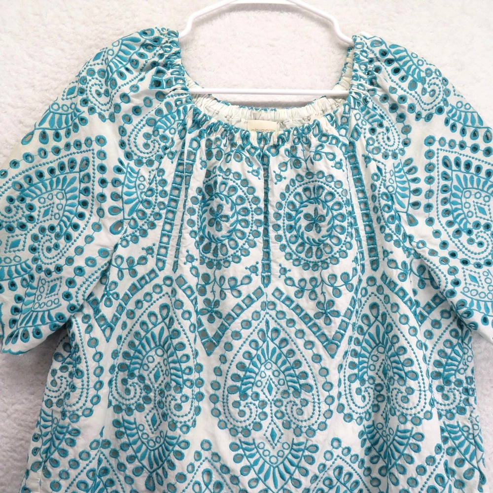 Chicos Shirt Womens Large Teal Embroidered Eyelet Boho Peasant Short Sleeve‎ - Picture 2 of 8